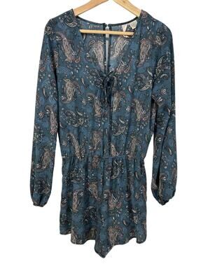 Mimi Chica Womens Size M Blue Paisley Long Sleeve Lightweight Crepe Romper Boho
